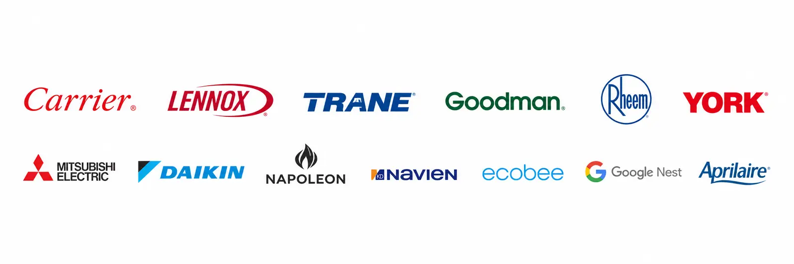 Equipment brand logos: Carrier, Lennox, Trane, Goodman, Rheem, York, Mitsubishi Electric, Daikin, Napoleon, Navien, ecobee, Google Nest and Aprilaire
