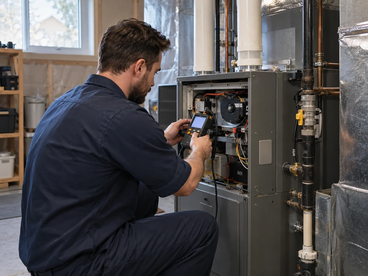 Illustrative HVAC technician checking a residential furnace with diagnostic equipment